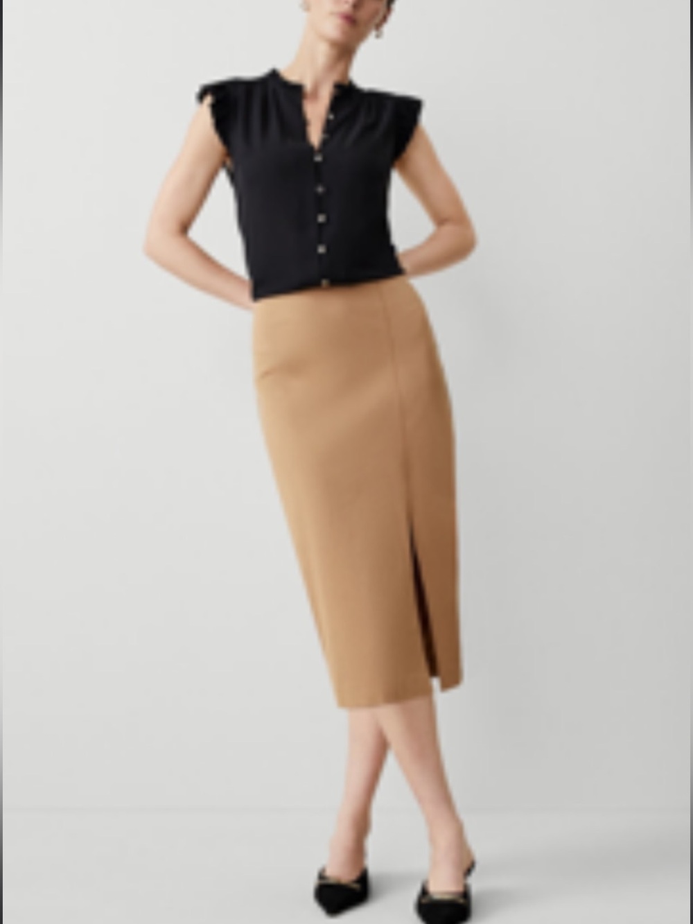 Pull On Women's Tan Pencil Skirt front side slit